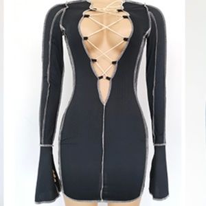 Lace Up Deep V Neck Mini Cocktail Dress